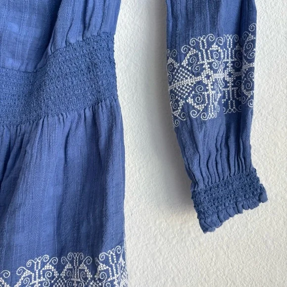 Tory Burch Loretta Blue and White Off the Shoulder Embroidered Gauze Mini Dress - Picture 4 of 10